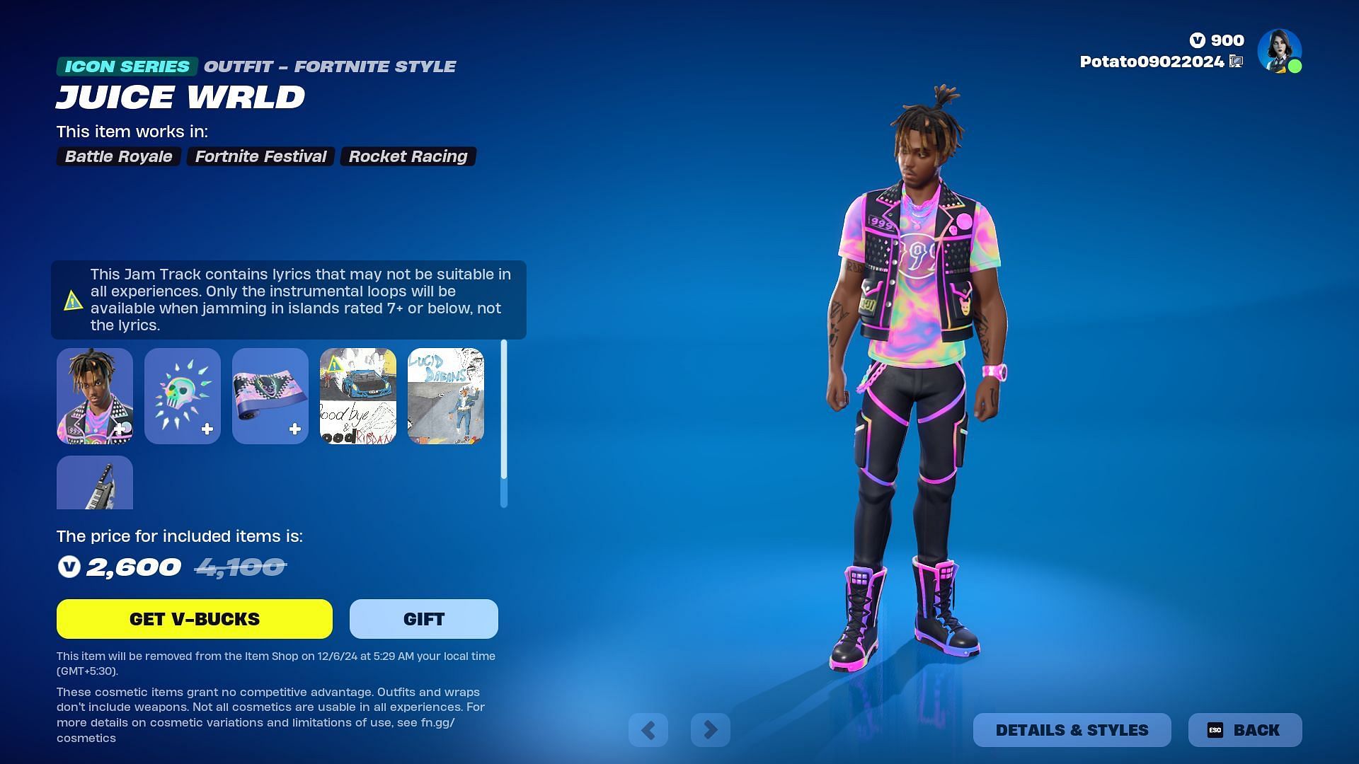 The Juice WRLD skin in Fortnite will remain listed until December 6, 2024 (Image via Epic Games)